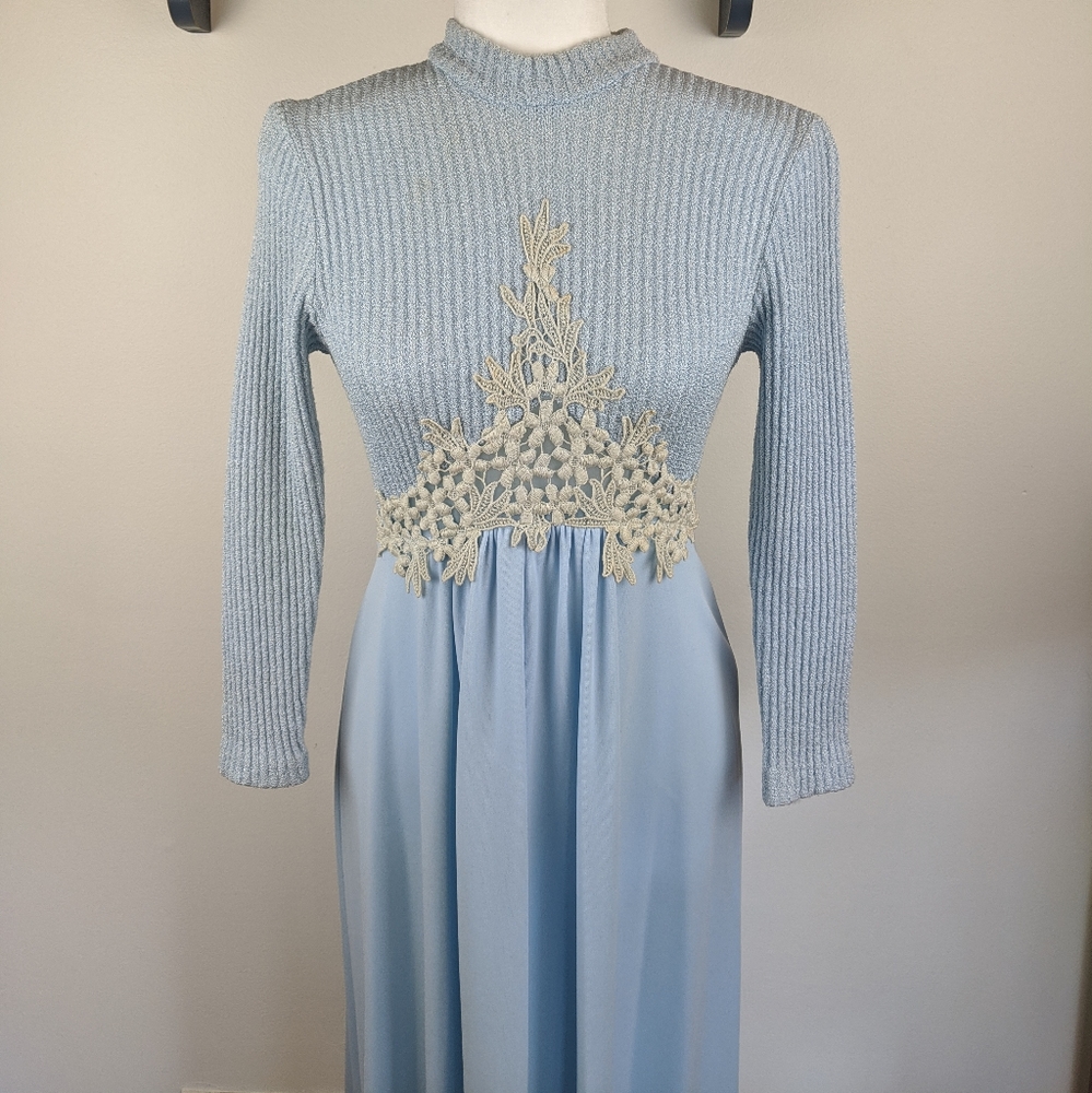 Vintage 70s Baby Blue Mock Neck Maxi Dress